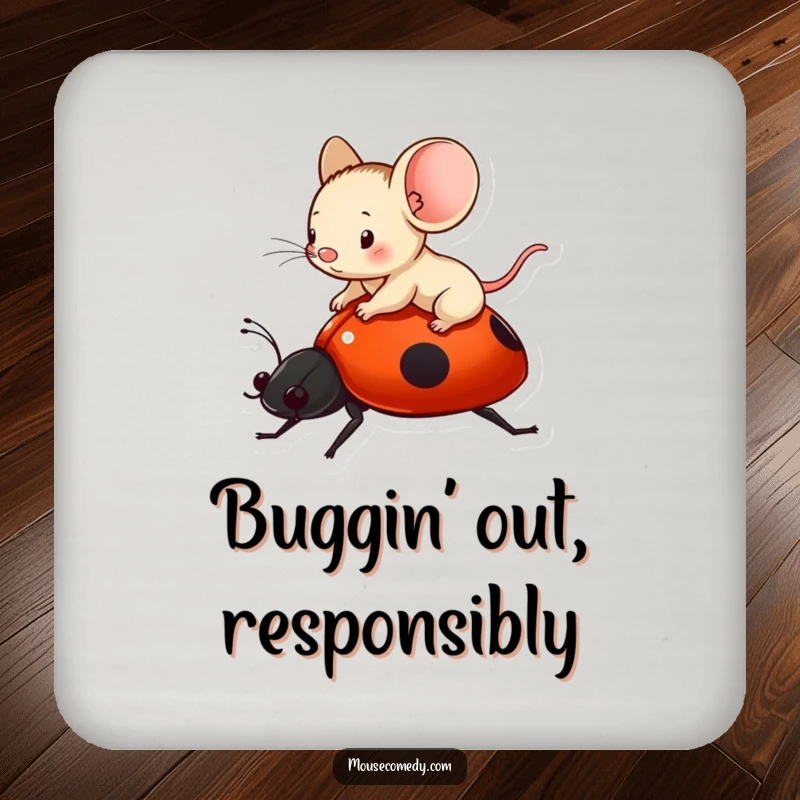 Funny tiny mouse riding a ladybug, depicted on a protective drink coaster.