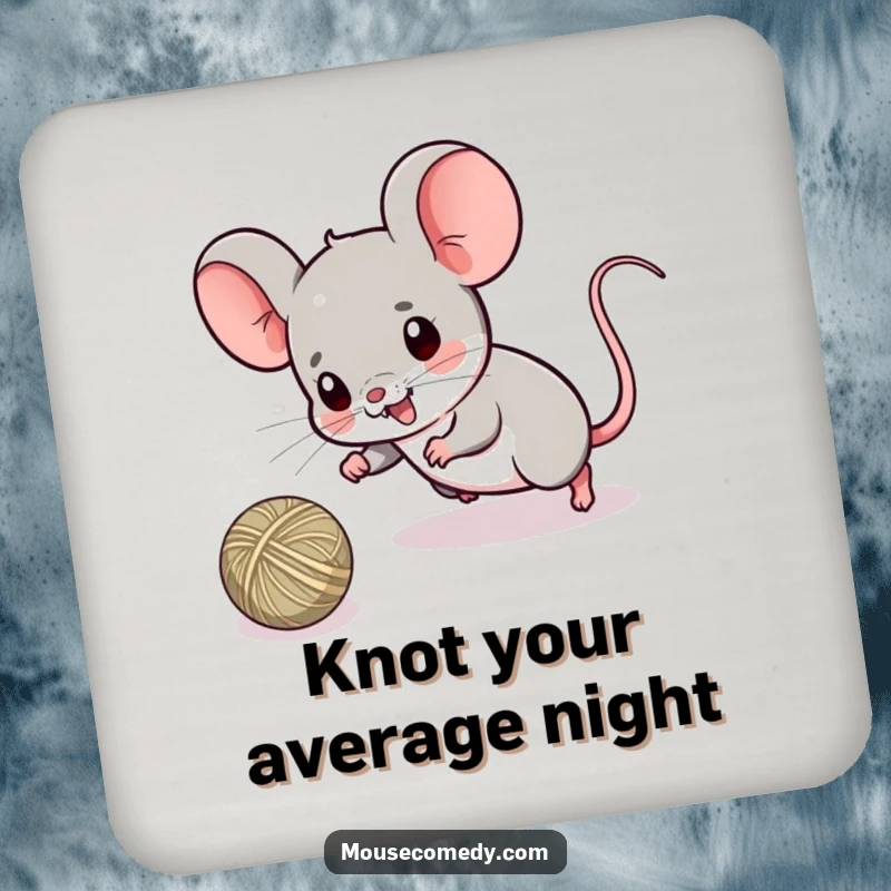 Funny drink coaster showing a kawaii mouse playfully batting at a ball of string, adding a touch of cute chaos to your surfaces.
