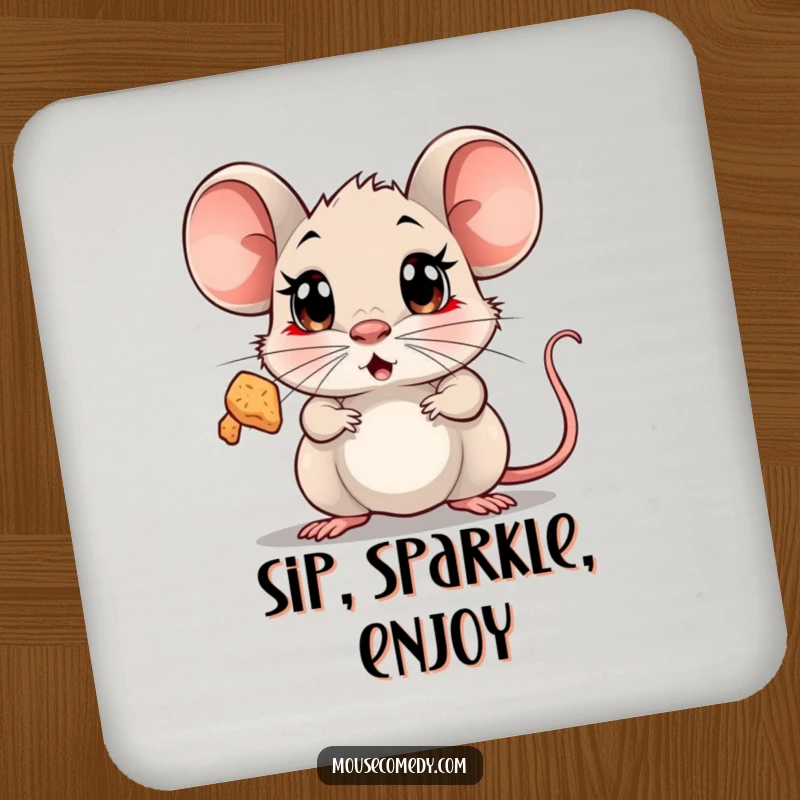 Funny Surprised Mouse Coaster featuring a mouse with wide, shocked eyes looking up in amazement at a floating, sparkling crumb.