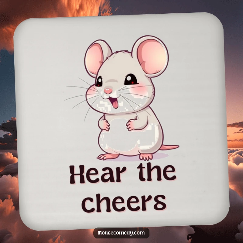 Funny drink coaster with a mouse whose whiskers twitch eagerly, listening for a sound, safeguarding surfaces with charm.