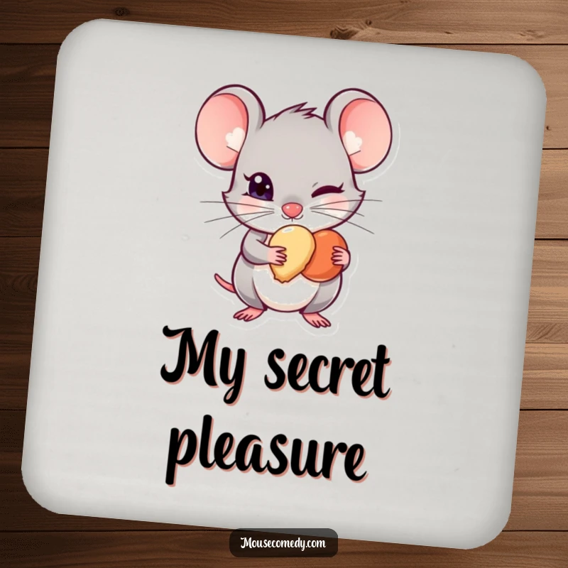Funny Mischievous Mouse Coaster - A sly mouse hiding a tiny treat, adding a humorous and protective touch to your drink station with a mischievous grin.