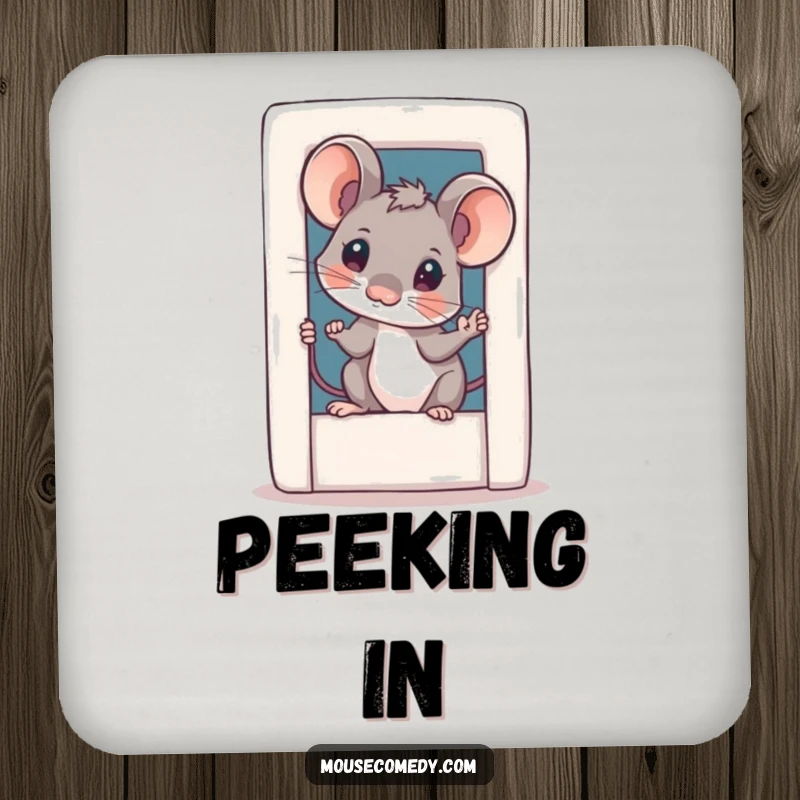Funny curious mouse drink coaster, showing a small mouse with a tilted head peeking from a miniature door, protecting surfaces.