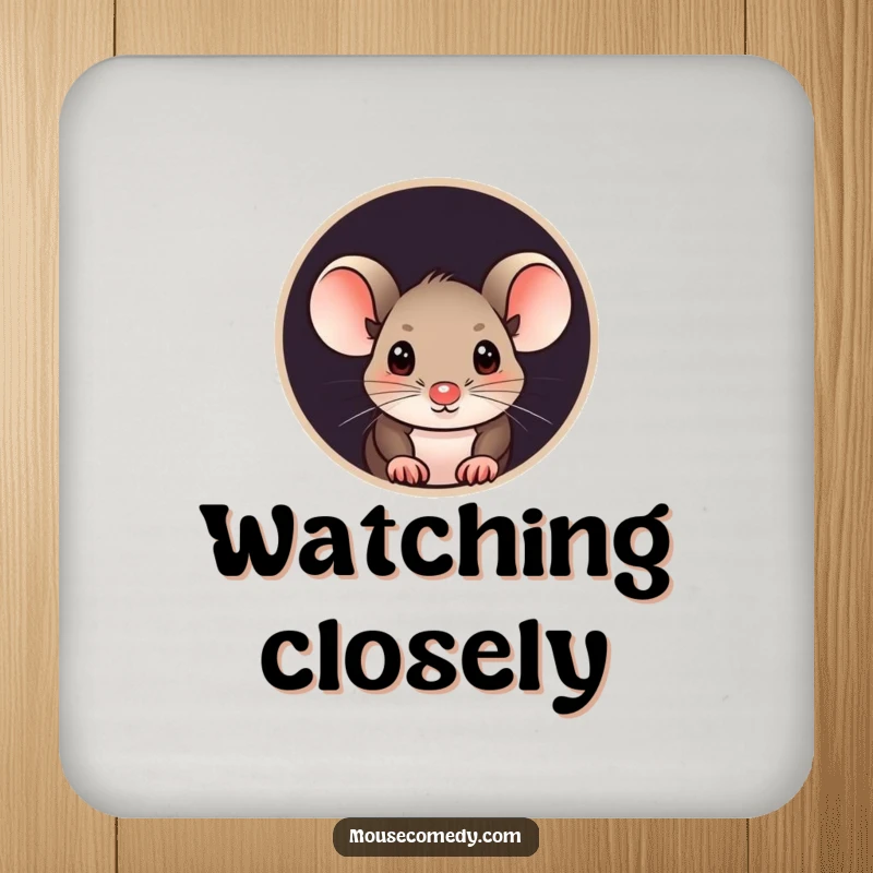 Funny mouse coaster with a curious mouse peeking its head out from a small, round hole, adding a touch of whimsy.