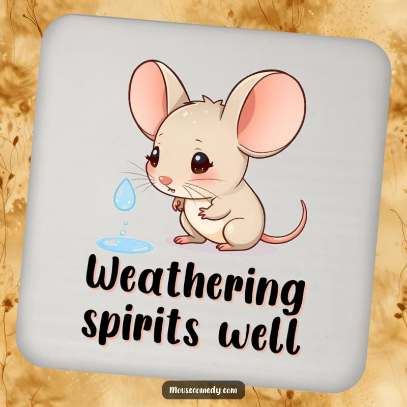 Funny drink coaster with a mouse featuring large ears, curiously watching a raindrop, adding a touch of gentle wonder to your surfaces.