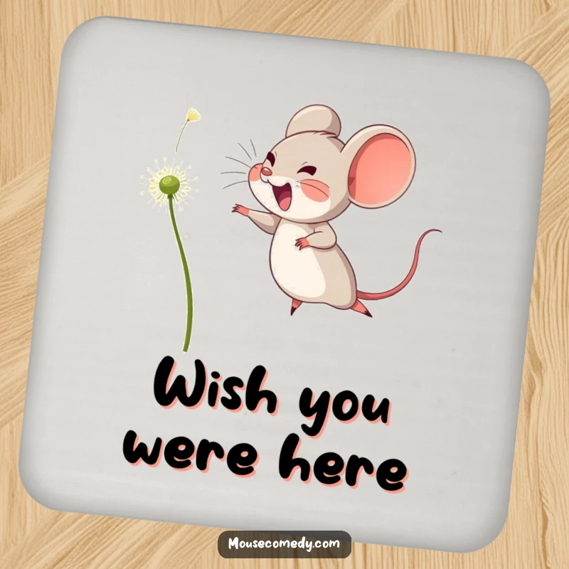 Funny drink coaster with a joyful mouse leaping towards a floating dandelion seed, adding a touch of hopeful magic to your surfaces.
