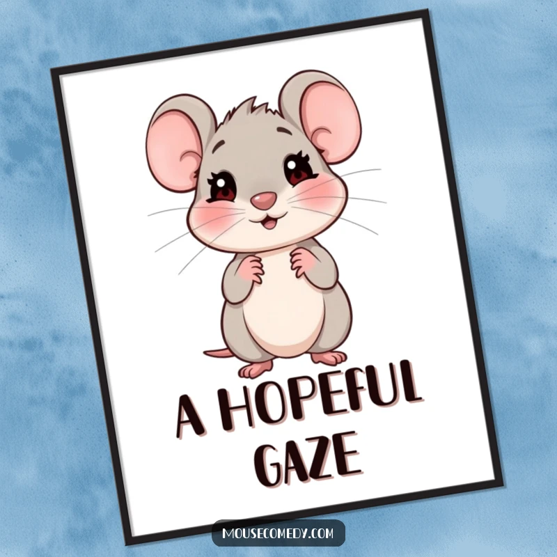 Funny poster art depicting a small, shy mouse with hopeful eyes, looking expectantly, conveying gentle emotion.