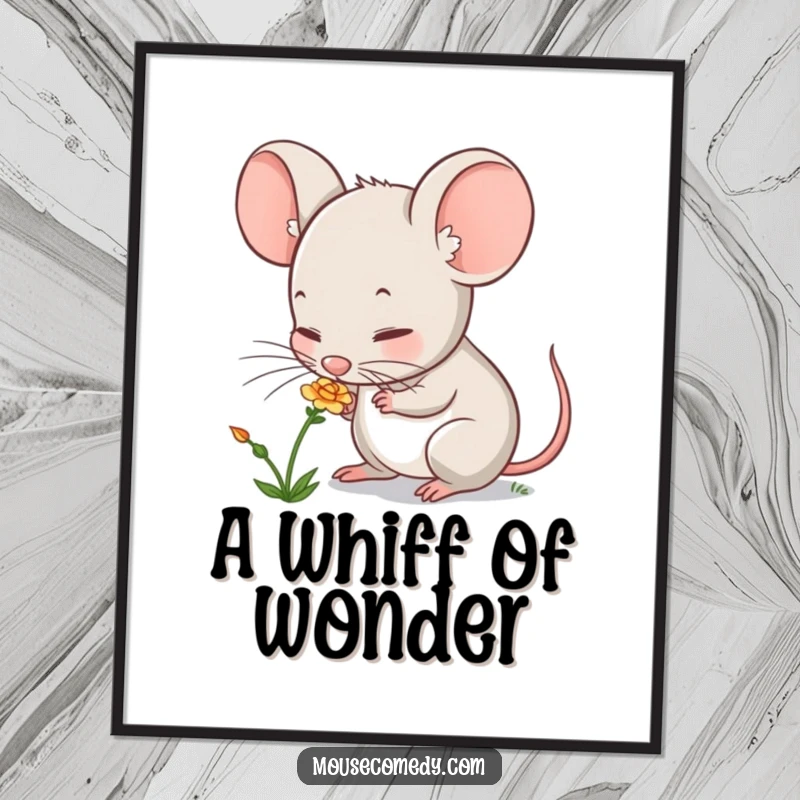 Funny mouse poster showing a cute character curiously sniffing a small, beautiful flower, creating a charming and artistic wall decoration.