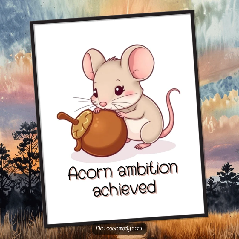 Funny poster print of a mouse energetically pushing a rolling acorn with its nose, depicting a charming scene of playful endeavor.