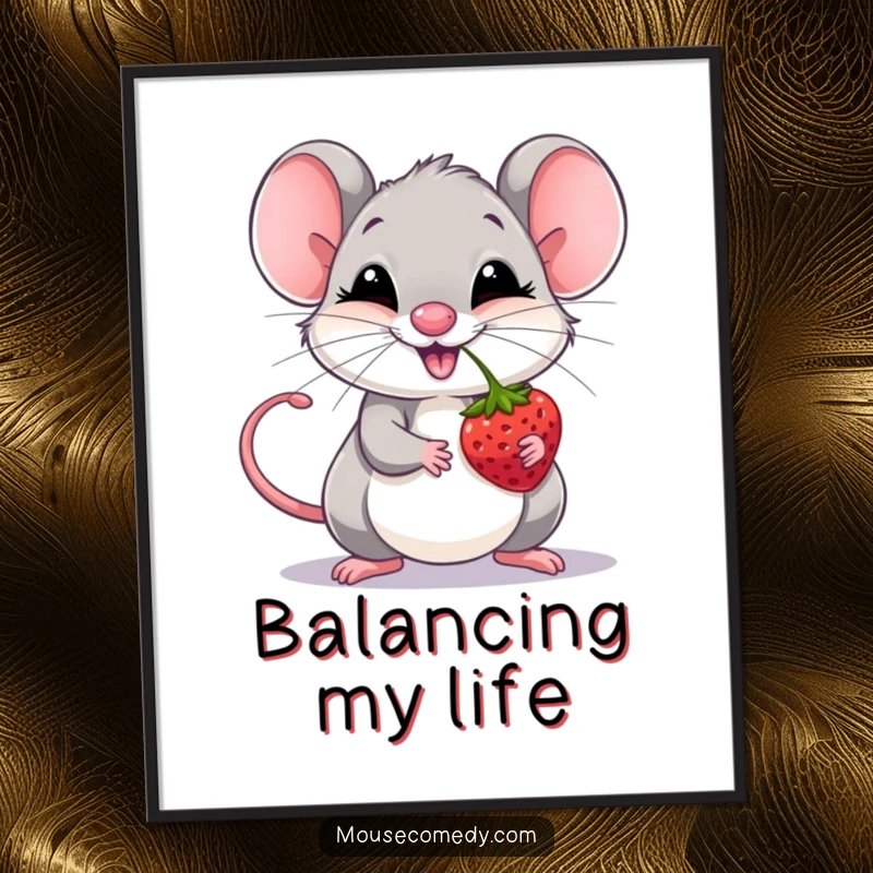 Funny giggling mouse balancing a berry on its nose, depicted as a charming, humorous poster.