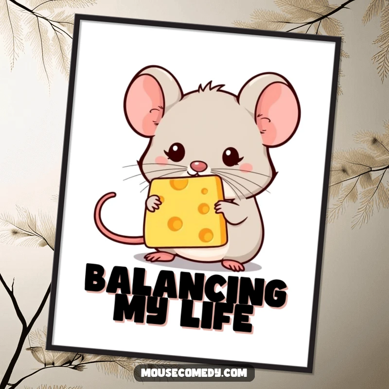Funny kawaii mouse intensely balancing a tiny cheese speck on its nose, artistic. Perfect funny gift for walls.