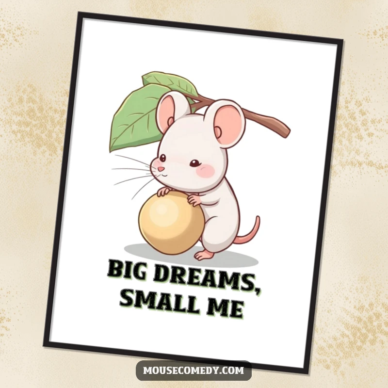Funny poster art of a determined mouse heroically struggling to transport a seed that dwarfs its own size.