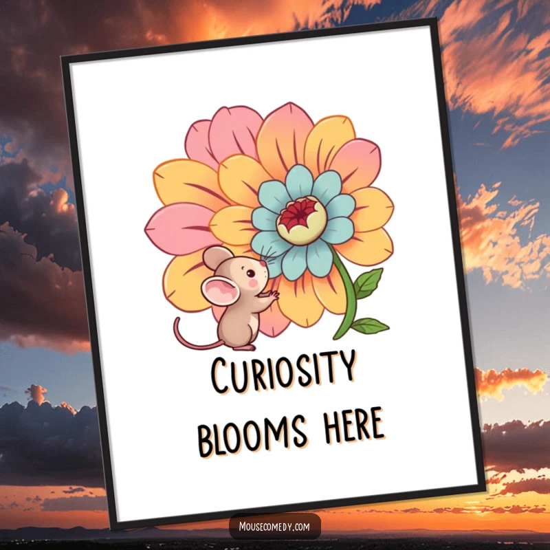 Funny kawaii mouse showing intense curiosity towards a massive, vividly colored flower in this delightful wall art poster.