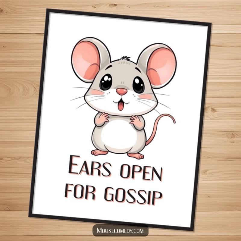Funny surprised mouse poster art, ears up in shock, wide eyes, animated character, hilarious wall decor.