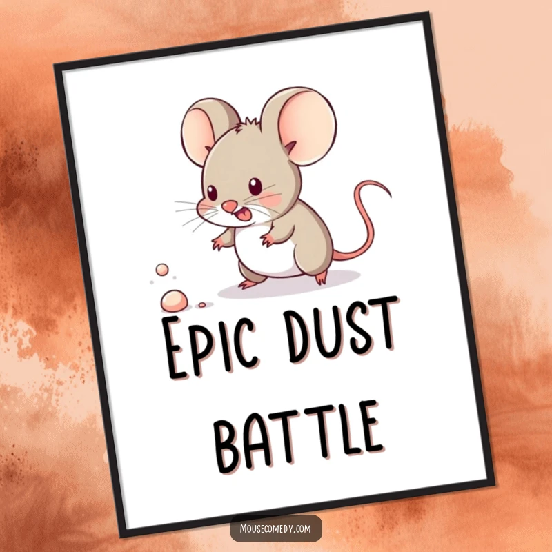 Funny kawaii mouse intensely chasing a minuscule speck of dust, immortalized as delightful wall art.