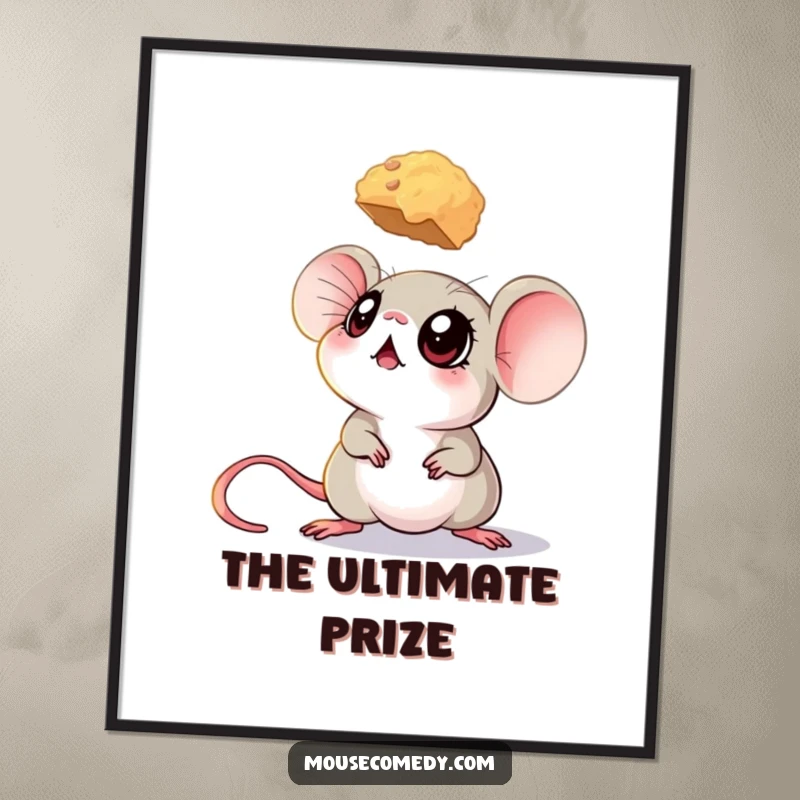 Funny mouse poster showing a mouse with enormous eyes looking up with intense focus at a suspended crumb.