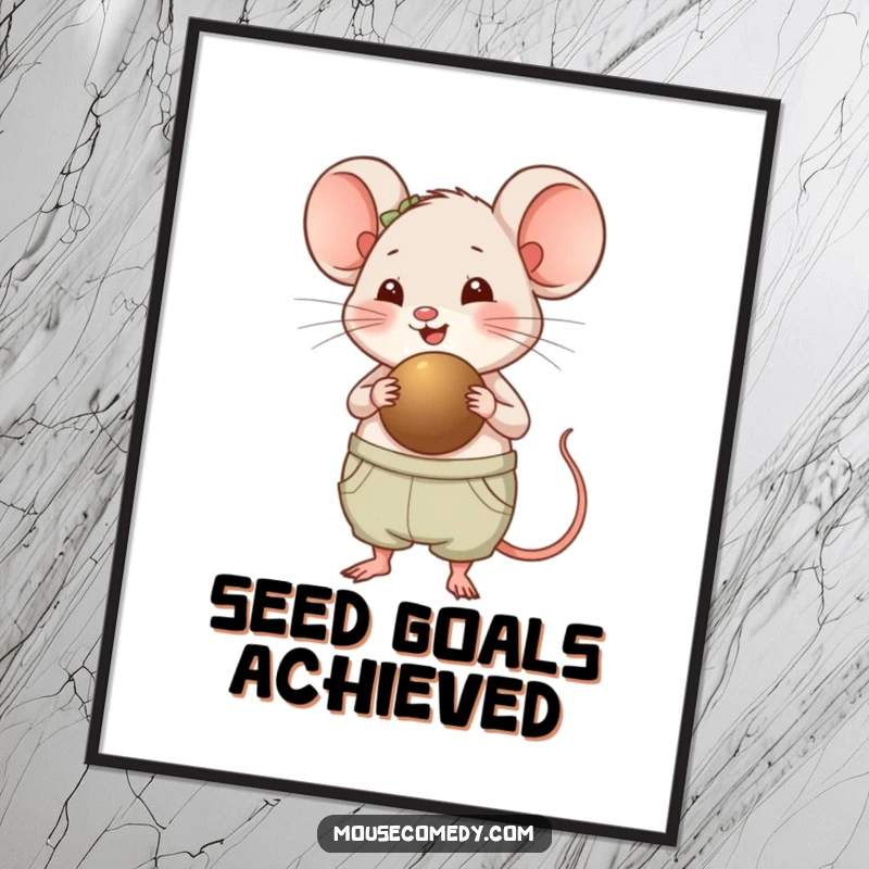 Funny Chubby Mouse Poster - A cute, plump mouse panting happily as it carries an enormous seed, embodying pure joy and humorous perseverance on your wall.
