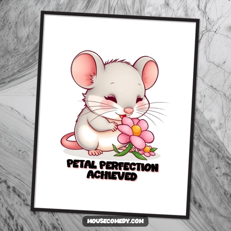 Funny mouse poster capturing a content mouse happily nibbling a tiny, colorful flower petal, evoking peace and gentle joy.