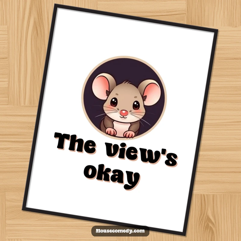 Funny mouse poster showing a curious mouse peeking its head out from a small, round hole, its big eyes full of wonder.