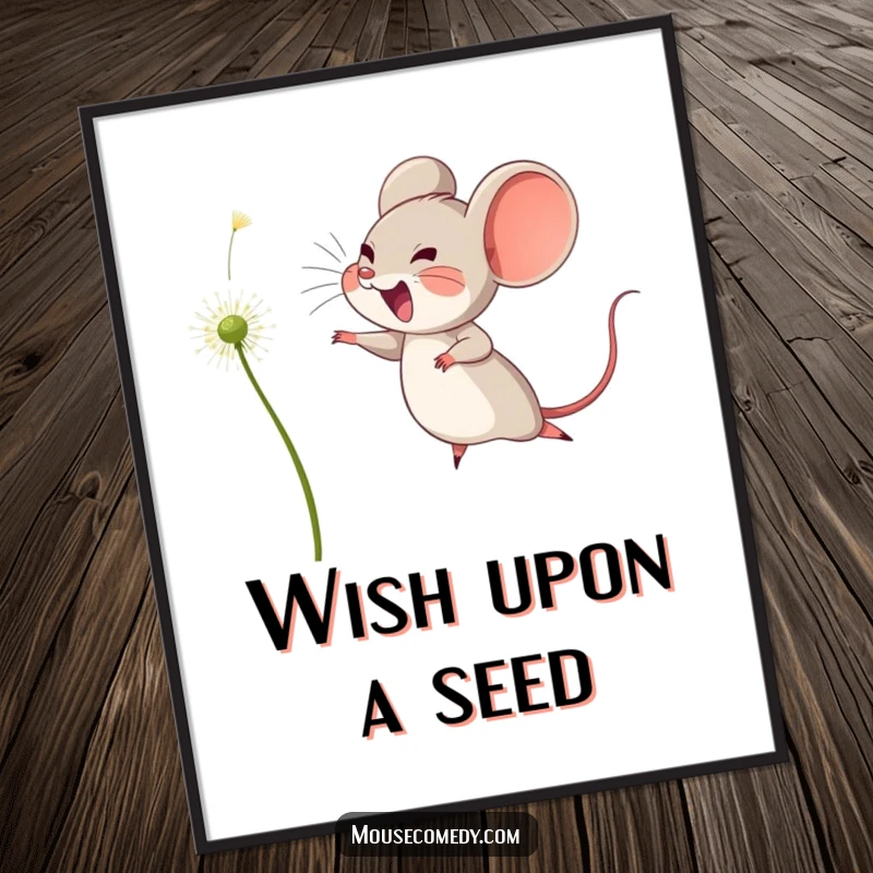 Funny poster featuring a joyful mouse captured mid-leap, reaching for a floating dandelion seed, embodying pure happiness and hopeful aspiration.