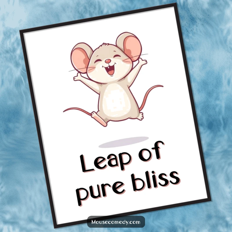 Funny poster illustration of a happy mouse doing a joyful leap, symbolizing pure happiness and enthusiasm.