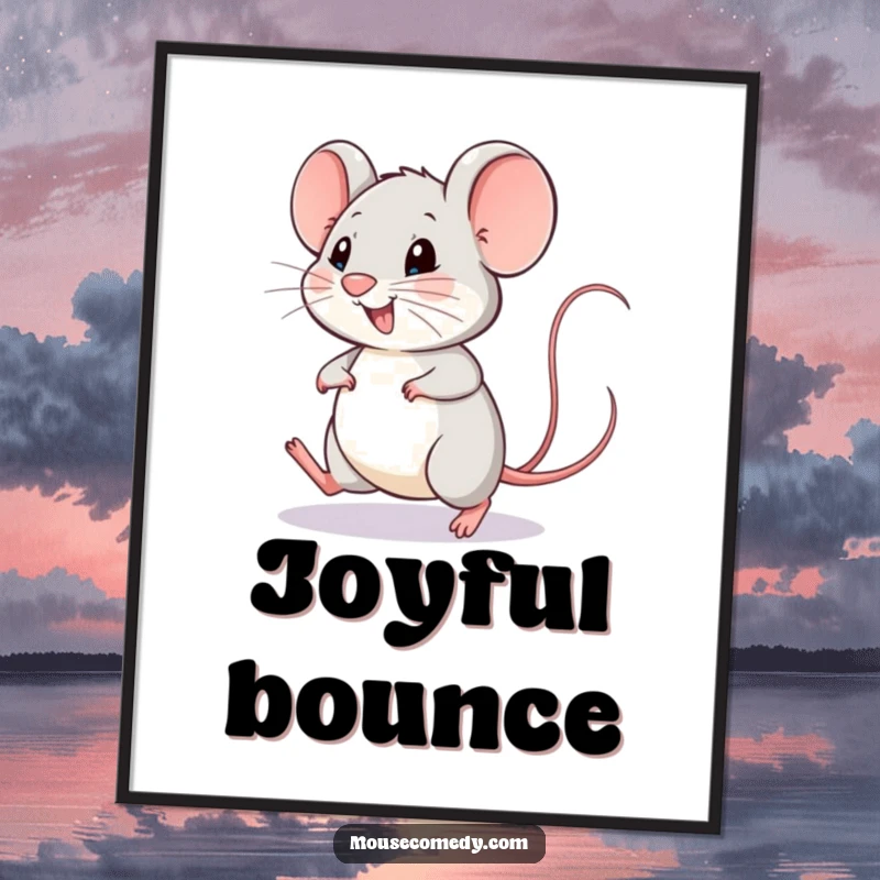 Funny mouse poster showcasing a happy mouse doing a little hop with its tail wagging vigorously, symbolizing pure joy.