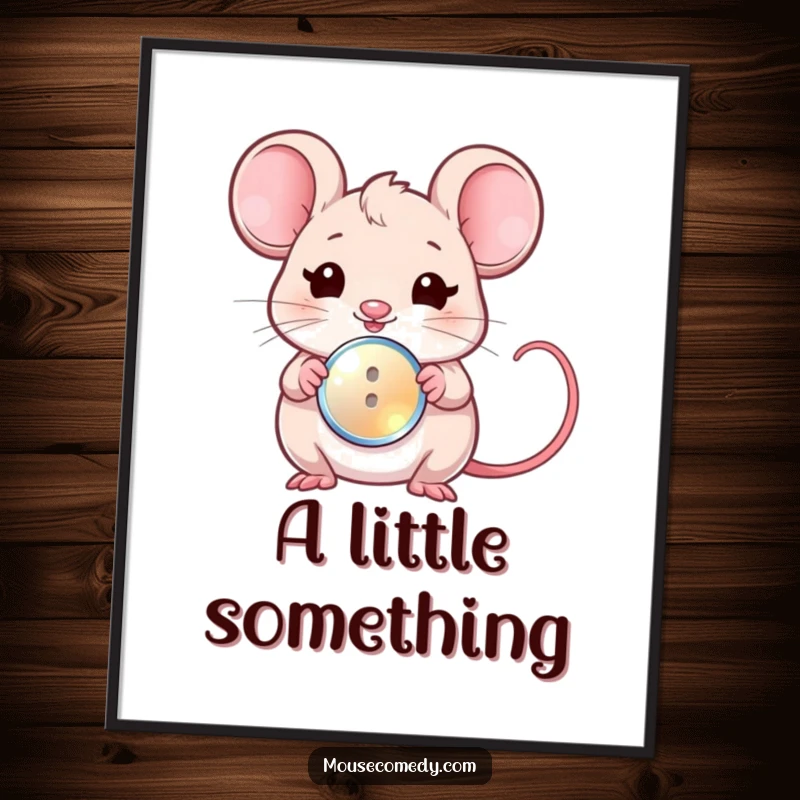Funny poster art depicting a cute kawaii mouse winking and presenting a small, shiny button, radiating charm.