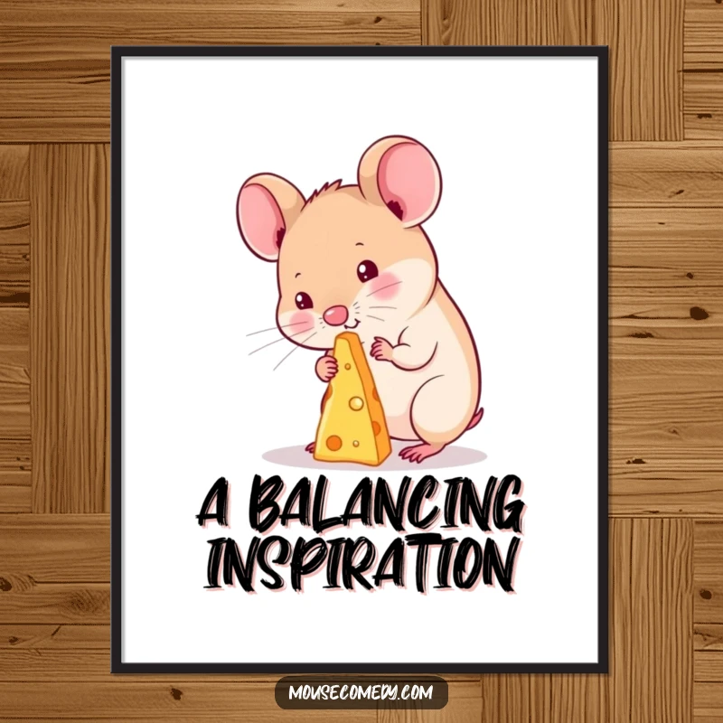 Funny kawaii mouse poster, capturing the precise moment a cute mouse balances a tiny speck of cheese on its nose, full of charm.