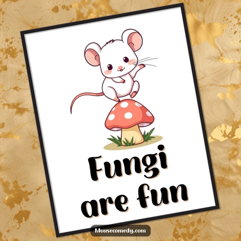 Funny kawaii mouse playfully jumping over a tiny, stylized mushroom, presented as delightful wall art.