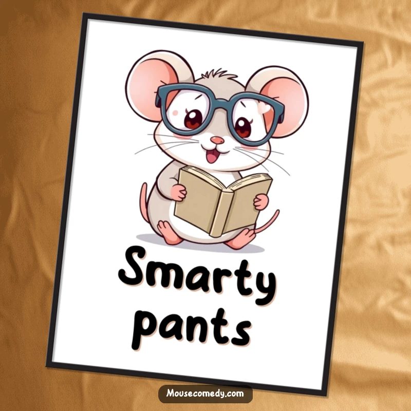 Funny Kawaii Mouse Poster: A charming illustration of a mouse with glasses engrossed in a miniature book.