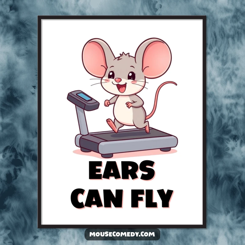 Funny kawaii mouse poster, a mouse with oversized ears running joyfully on a treadmill, inspiring fitness wall art.
