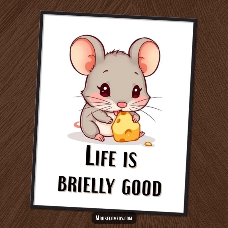 Funny poster featuring a cute mouse in a celebratory pose, happily nibbling on a scrumptious piece of cheese, a delightful feast.