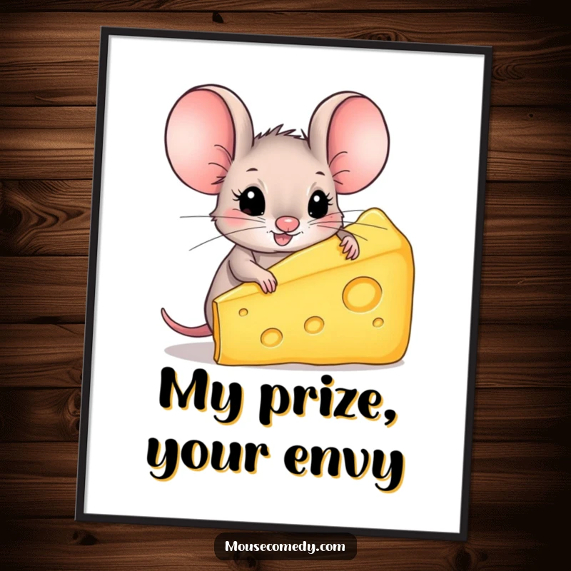 Funny Mouse Poster: A small mouse with huge ears ecstatically holds a gigantic piece of cheese, a celebration of dairy.