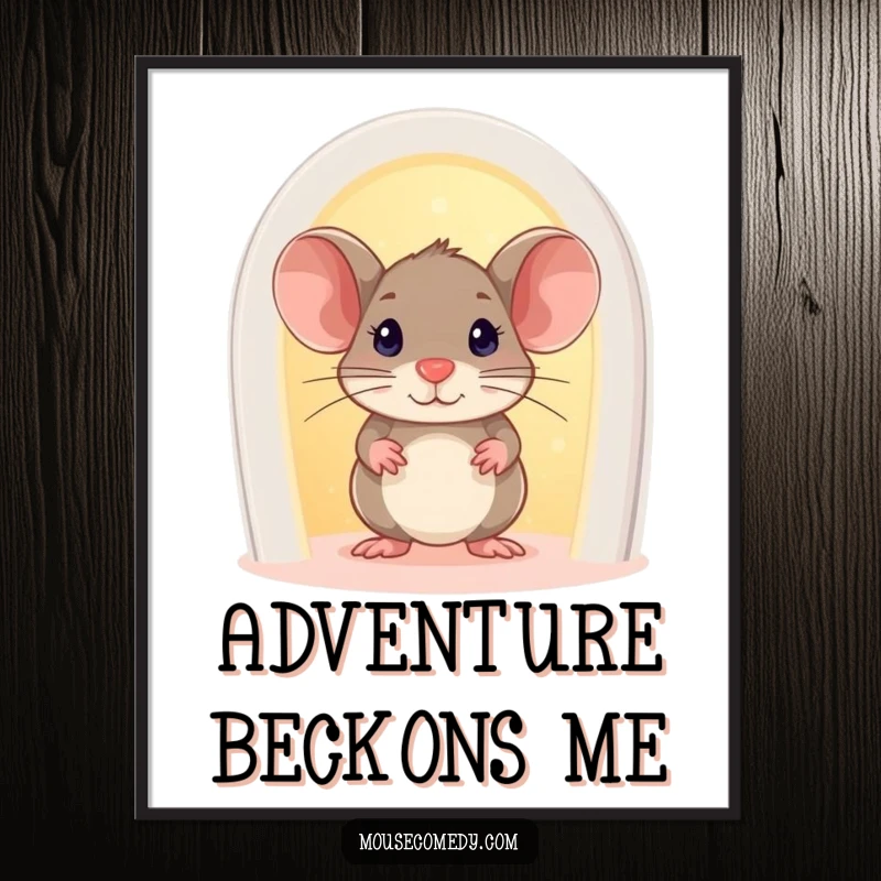 Funny Mouse Poster: A small mouse peeks with curiosity from a tiny, softly glowing doorway, creating a magical scene.