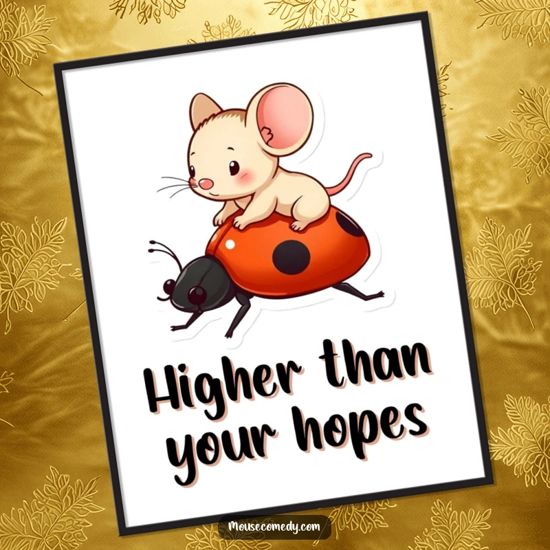 Funny tiny mouse joyfully riding on the back of a ladybug, depicted as a charming poster.