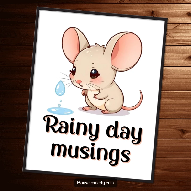 Funny poster featuring a little mouse with oversized ears, curiously gazing at a solitary raindrop, capturing a moment of quiet observation.