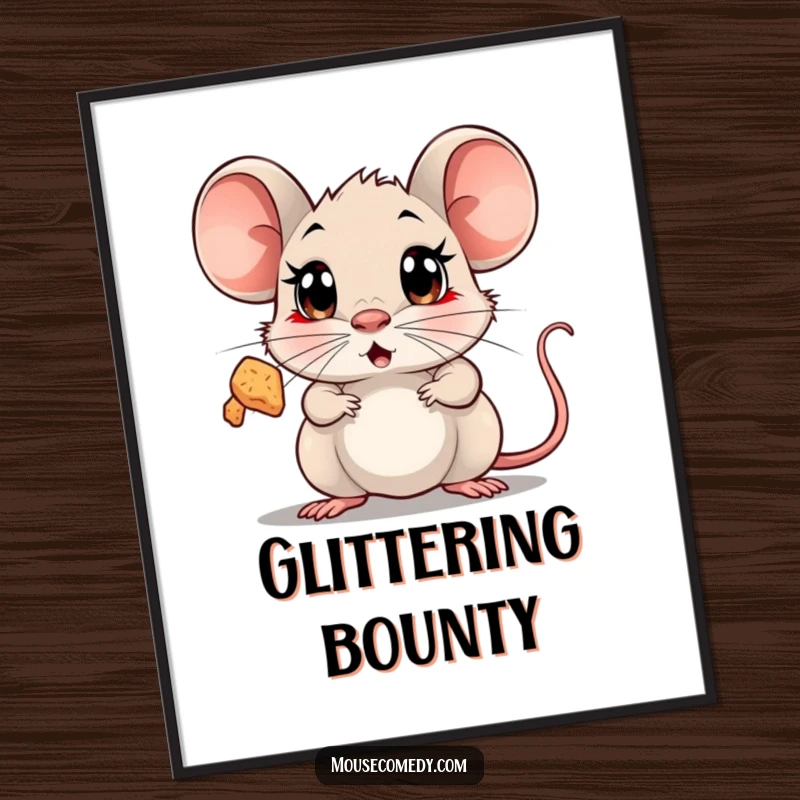 Funny Surprised Mouse Poster showing a mouse with wide, shocked eyes looking up in amazement at a floating, sparkling crumb.