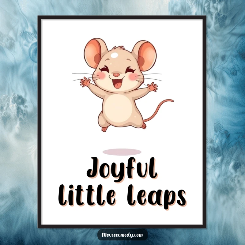 Funny poster art of a tiny mouse character, depicted with energetic bounds, leaping joyfully, creating a dynamic and happy scene.