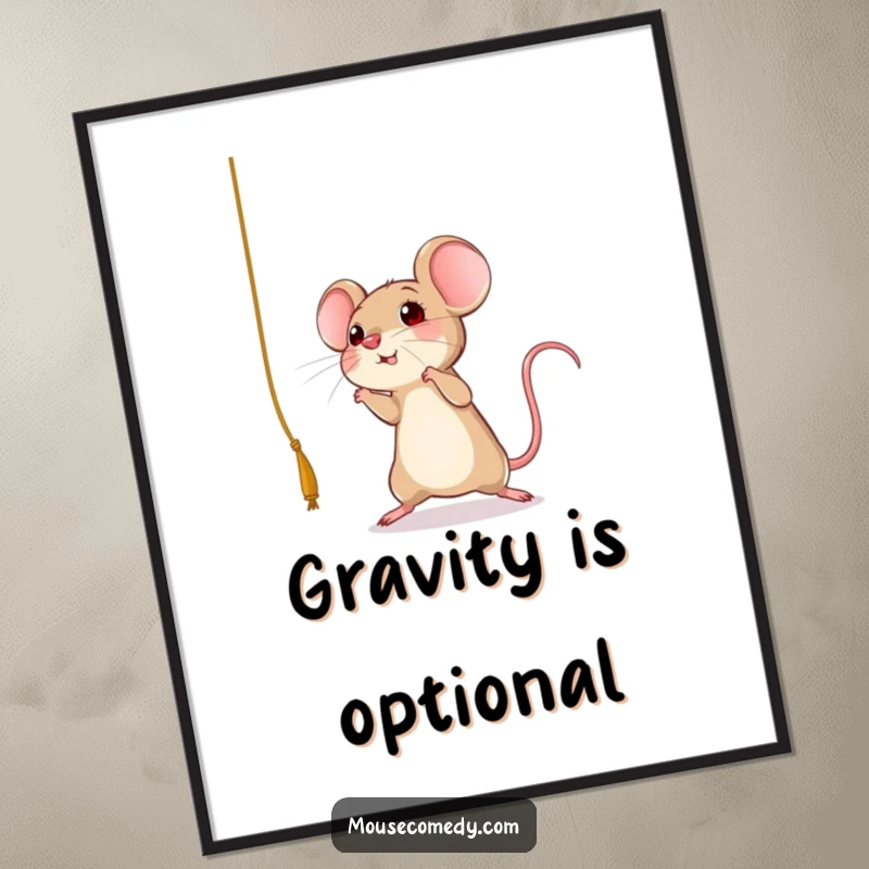 Funny mouse poster illustrating a rodent in a spirited leap towards a dangling string, capturing pure playful excitement, ideal wall decor.