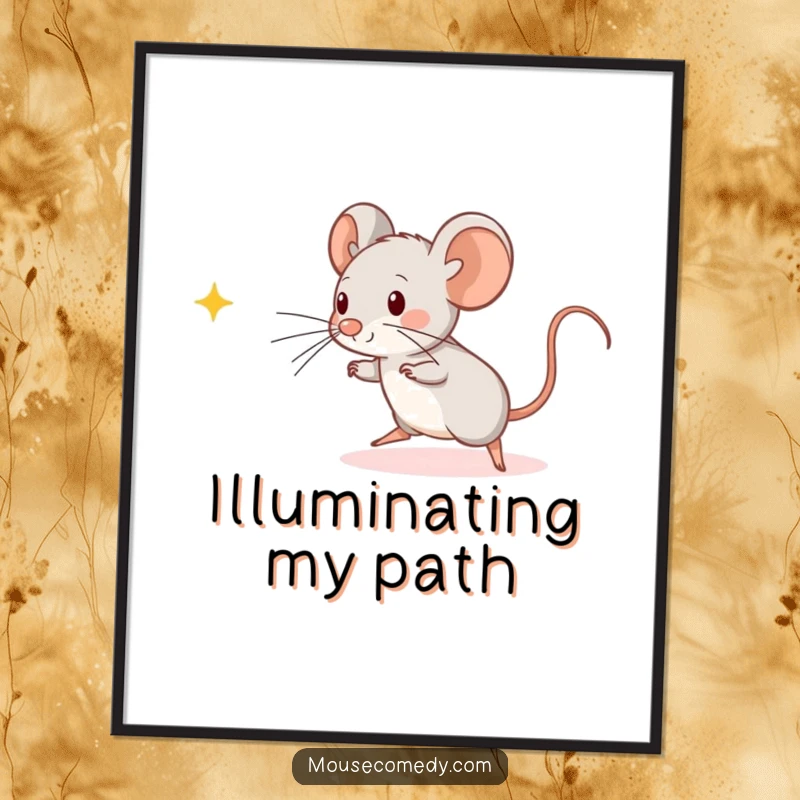 Funny Kawaii Mouse Poster: A dynamic illustration of a cute mouse energetically chasing a glowing beam of light across a surface.