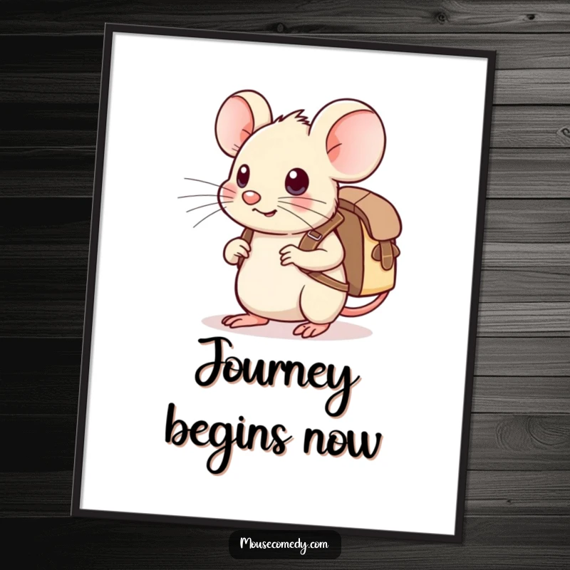 Funny Kawaii Mouse Poster: An adorable mouse with a miniature backpack, gazing optimistically towards a path of adventure.