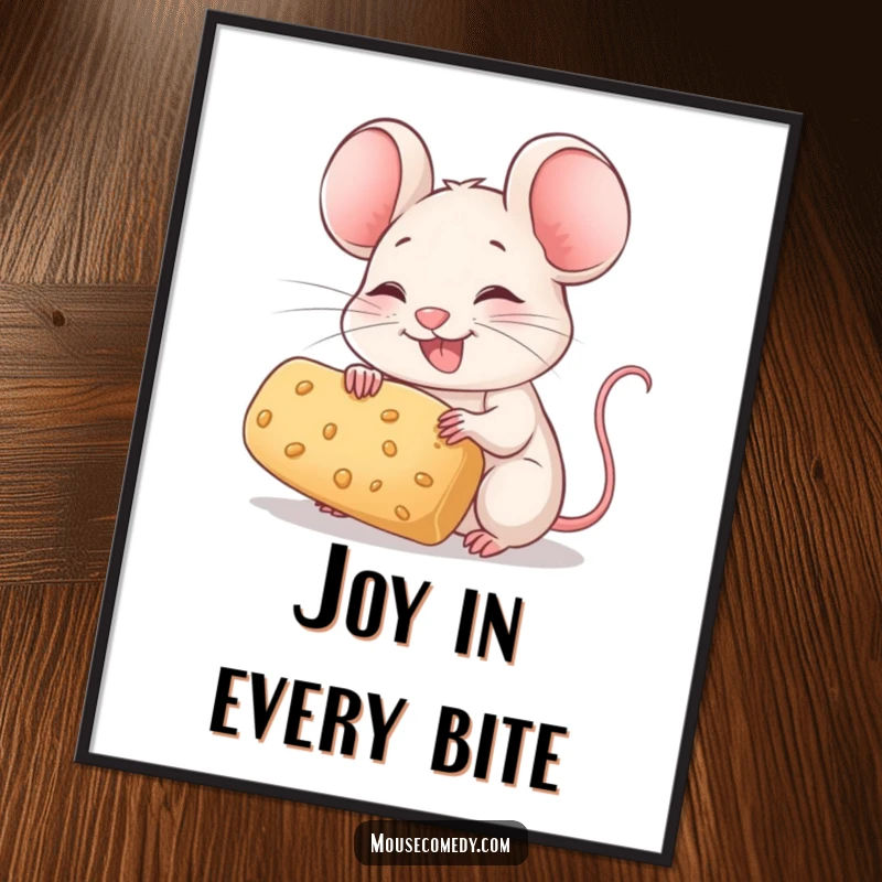 Funny Mouse Poster: A joyful mouse with twitching whiskers holds a large crumb, depicting pure happiness.