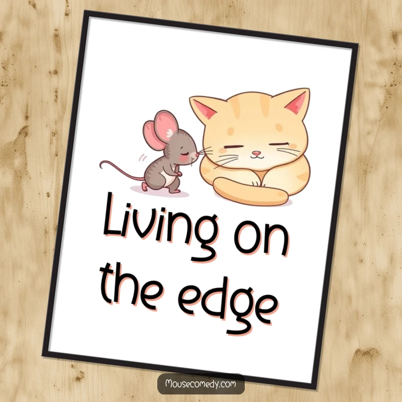 Funny mouse tiptoeing past a slumbering cat, rendered as a humorous, high-quality poster for wall decor.