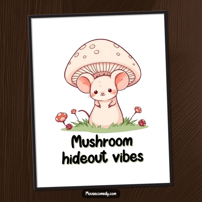 Funny poster art of a shy mouse with a gentle smile, hiding behind a giant, detailed mushroom.