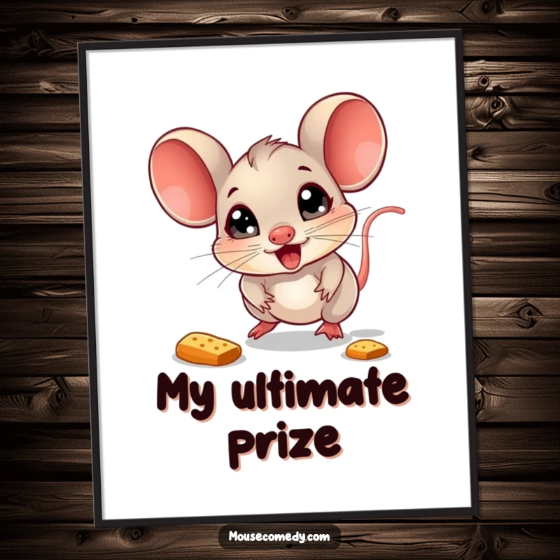 Funny Mouse Poster: A small mouse with wide, sparkling eyes enthusiastically chases a bouncing crumb, depicting pure bliss.