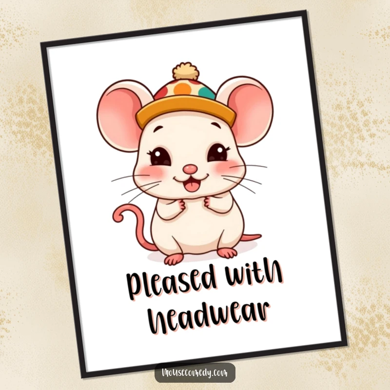 Funny Kawaii Mouse Poster: An adorable mouse wearing a comically large and silly hat, with a blissful, comically pleased expression.