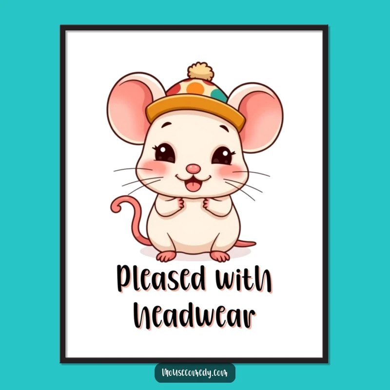 Funny Kawaii Mouse Poster: Silly Hat Joy, Whimsical Humorous Art