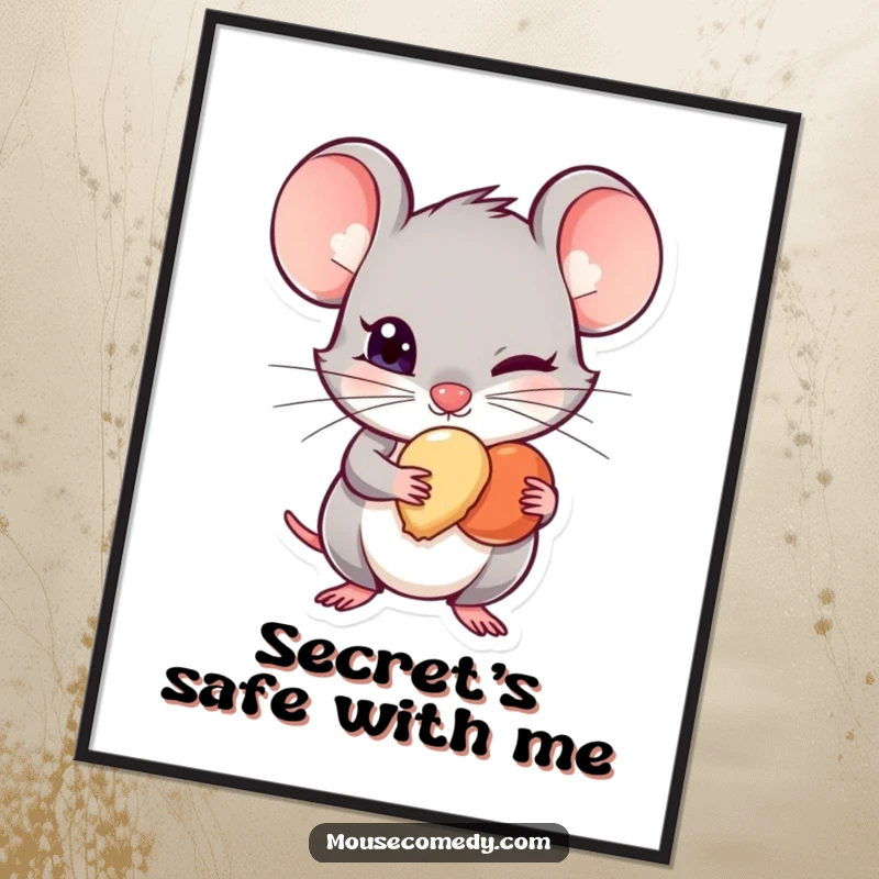 Funny Mischievous Mouse Poster - A cunning mouse with a mischievous glint hides a tiny treat, adding a playful and humorous element to your wall decor.