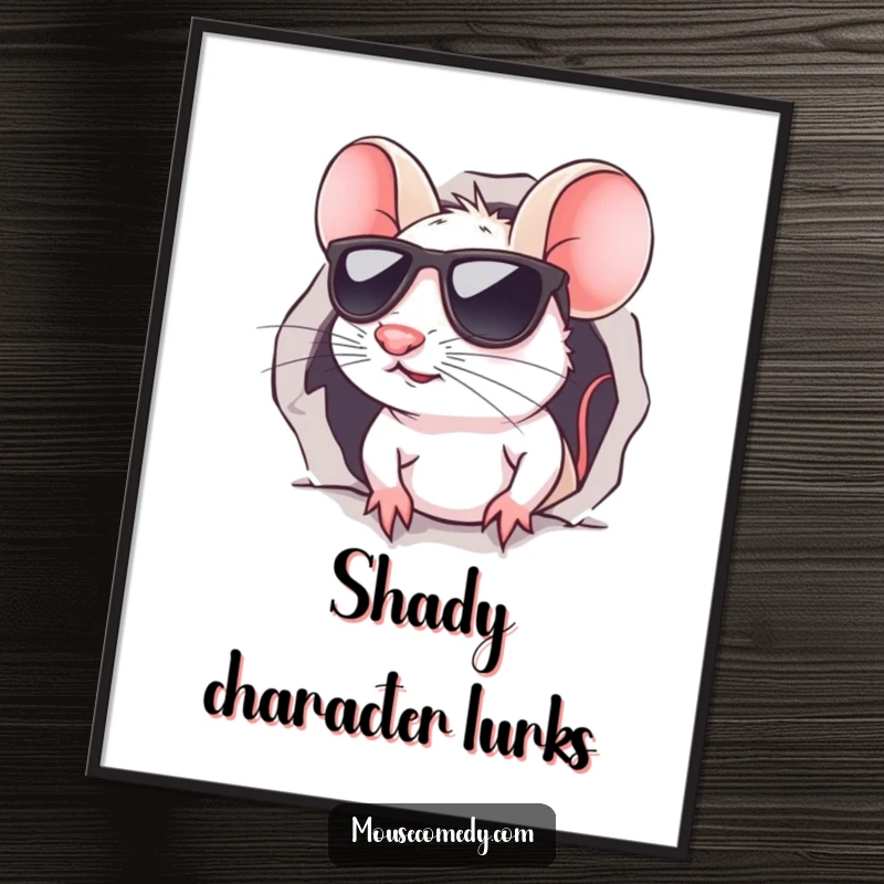 Funny kawaii mouse poster, capturing a cool mouse in sunglasses peeking out from a tiny hole, radiating effortless humor and style.