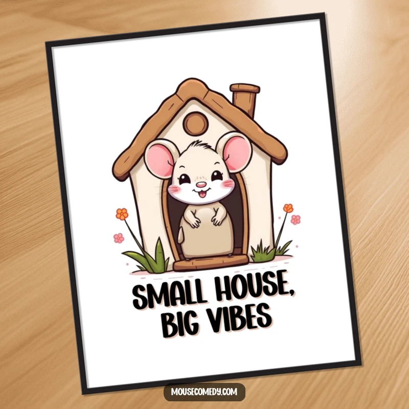 Funny poster featuring a smiling mouse peeking out from the window of a cozy, miniature house, creating a sense of adorable curiosity.