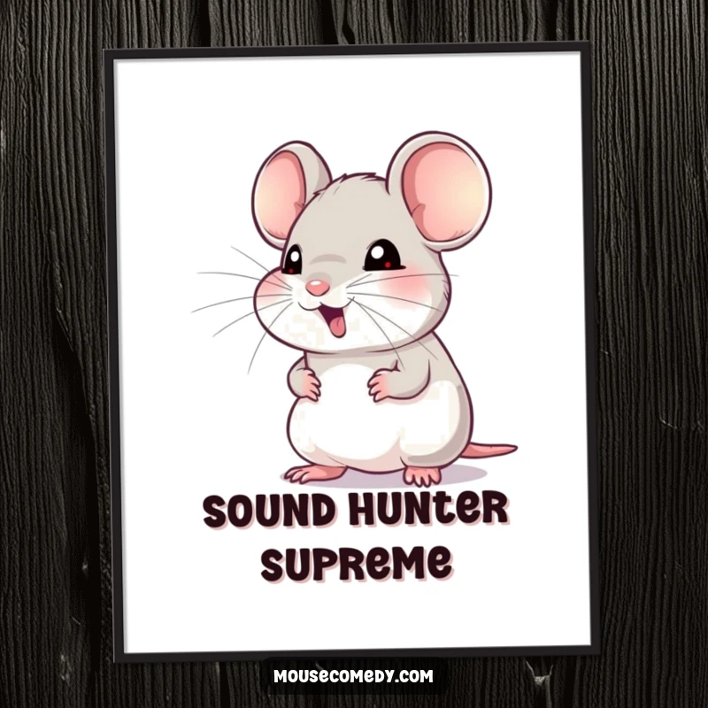 Funny poster print of a mouse with its whiskers twitching eagerly, focused intently on an unheard sound, representing anticipation.